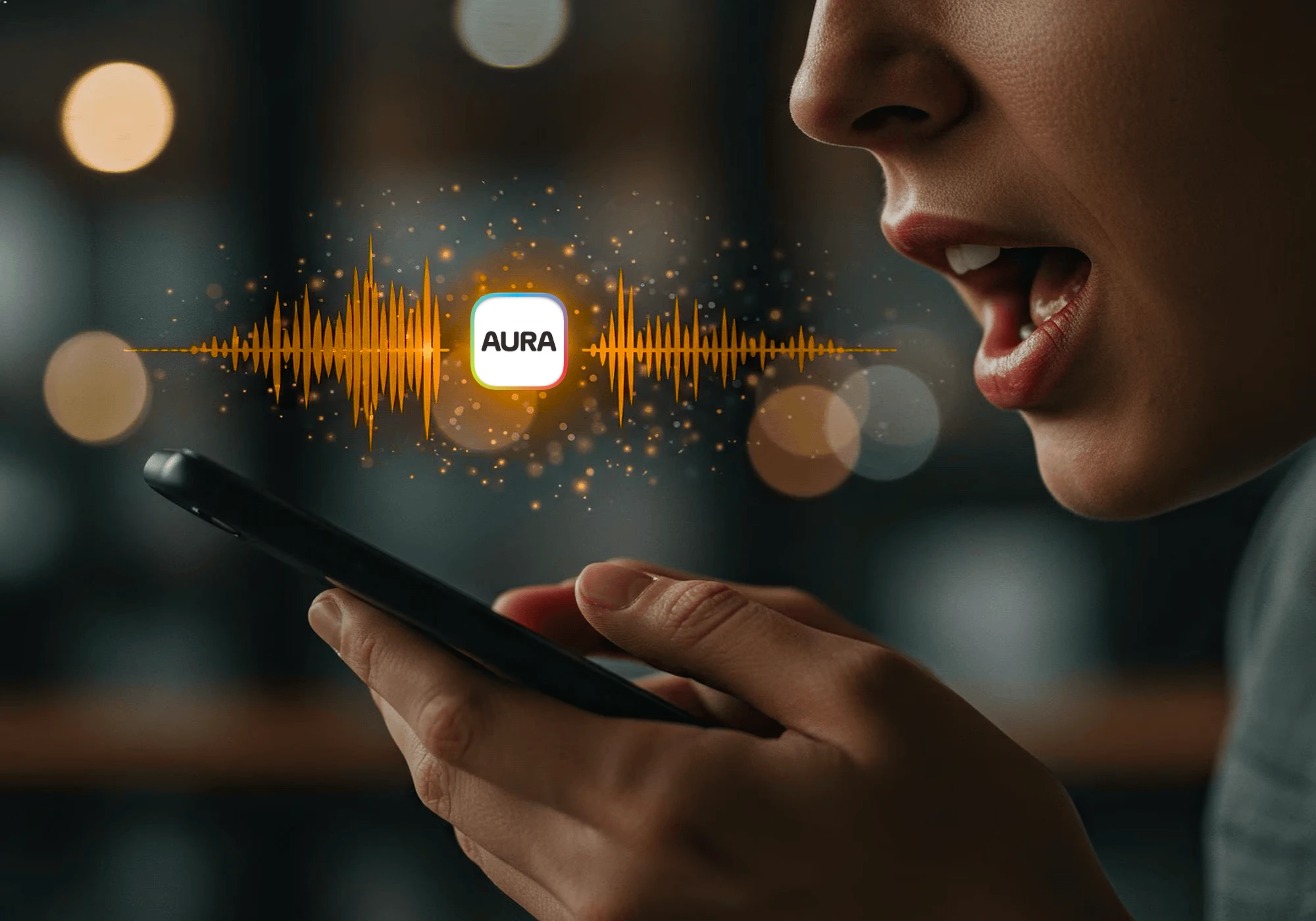 Assistente vocale su smartphone donna con chatbot